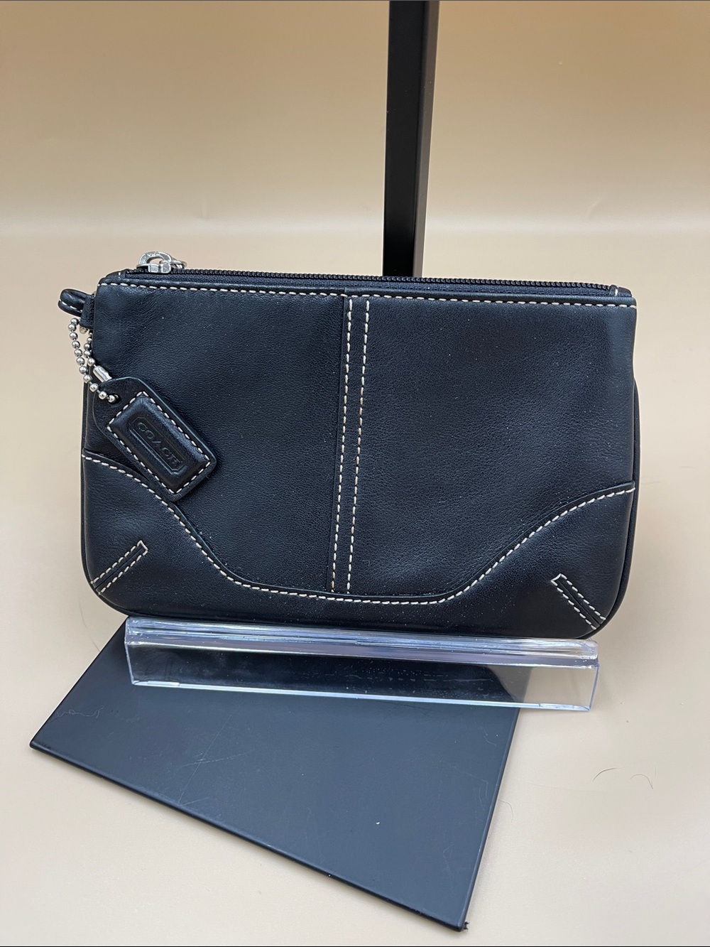 Coach Black Leather Wristlet Pouch with Contrast Stitching
